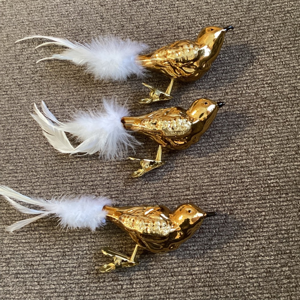 Golden Clip on Bird Ornament with White Feathers